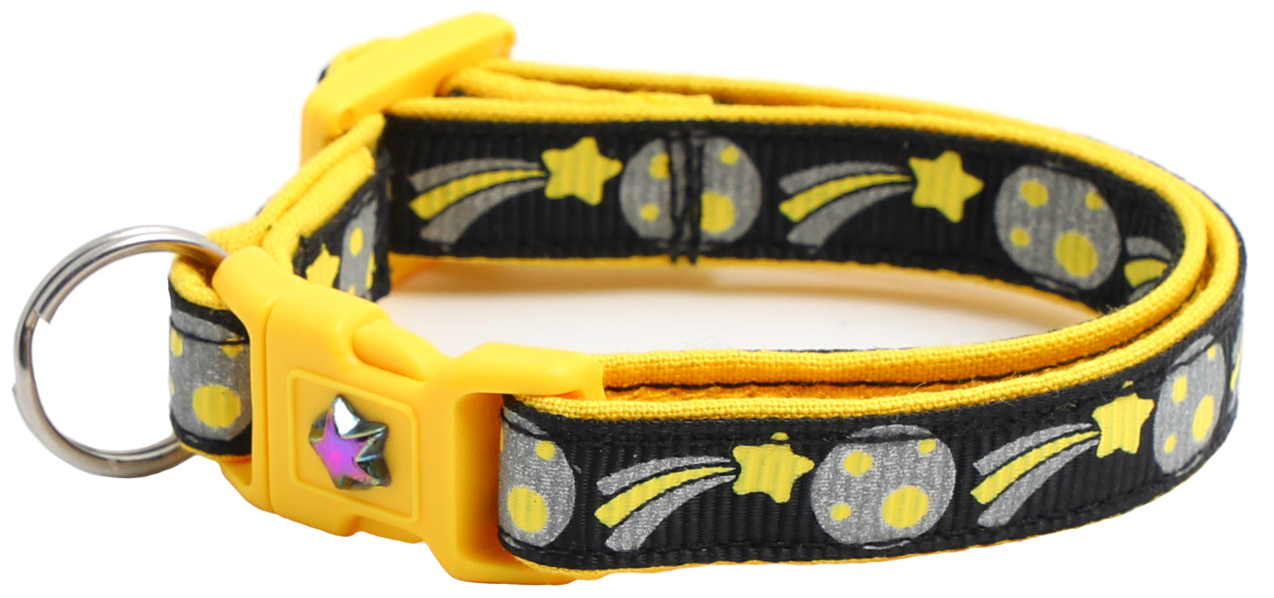 Shooting Stars Reflective Cat Collar showcasing reflective elements and reinforced cotton material, designed for safety and style.